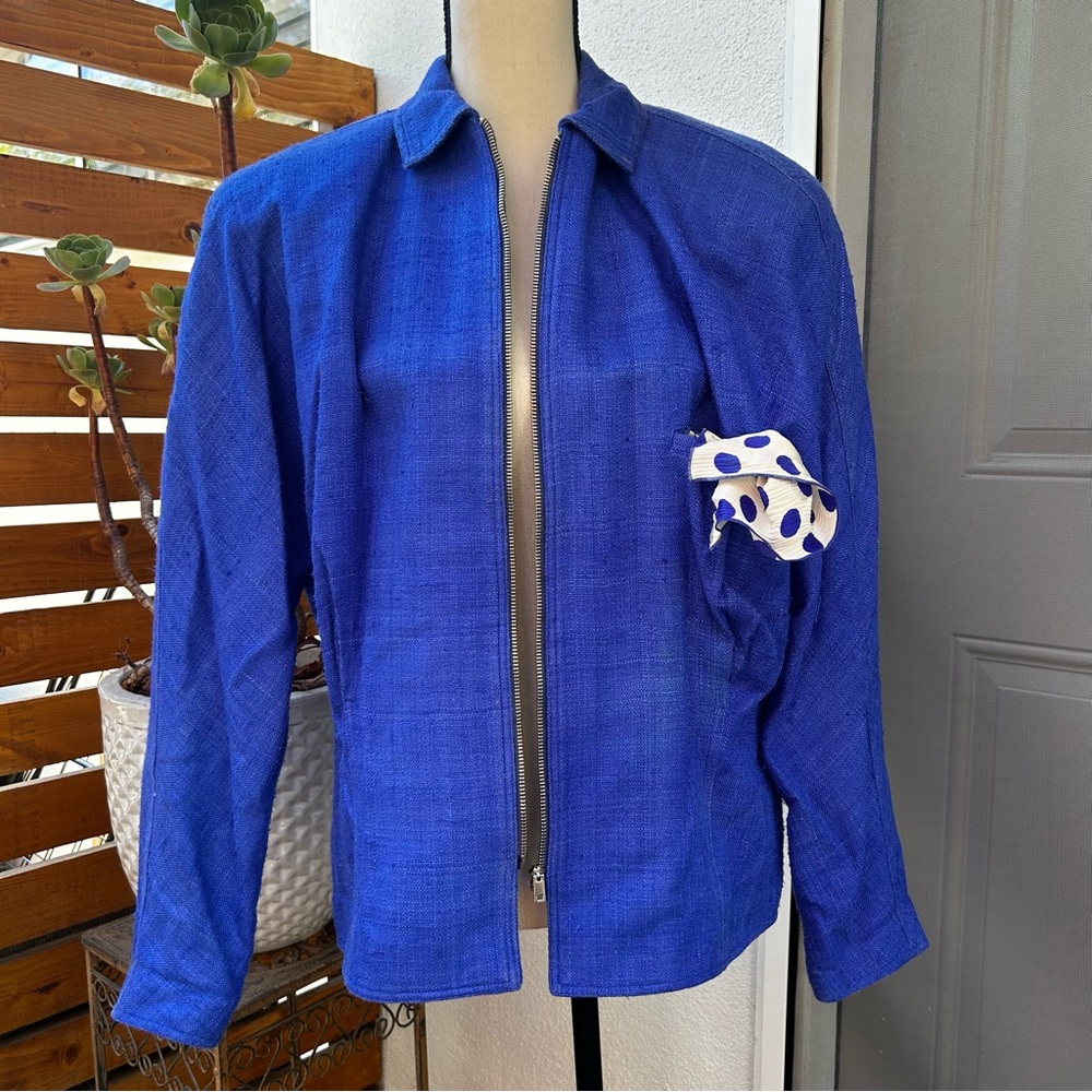 CiaoSport Ltd Vintage Silk Blue Jacket Polka Dot Pocket Handkerchief Accent Sz 8